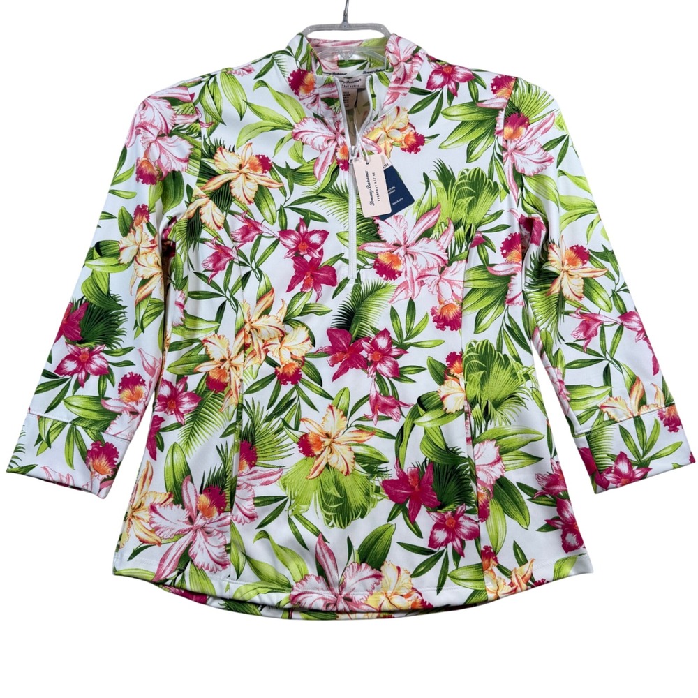 NEW Tommy Bahama Pullover Women Small Floral Tropical Active UPF 50 1/4 Zip
